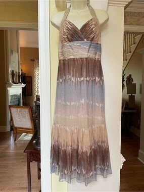 NWT BCBGMAXAZIRA brown tan cream & gray design metallic thread silk halter dress
